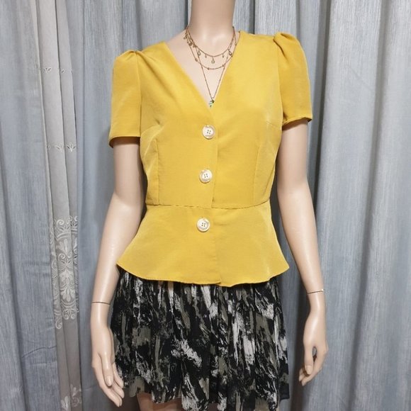 River Island AU-10 Yellow Mustard Puff Sleeve Blouse Button Top V-Neck - Picture 2 of 8